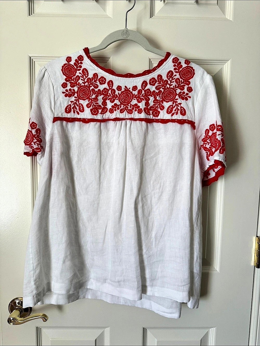 Boden Embroidered Cotton-Linen Blouse in White & Red, size 14